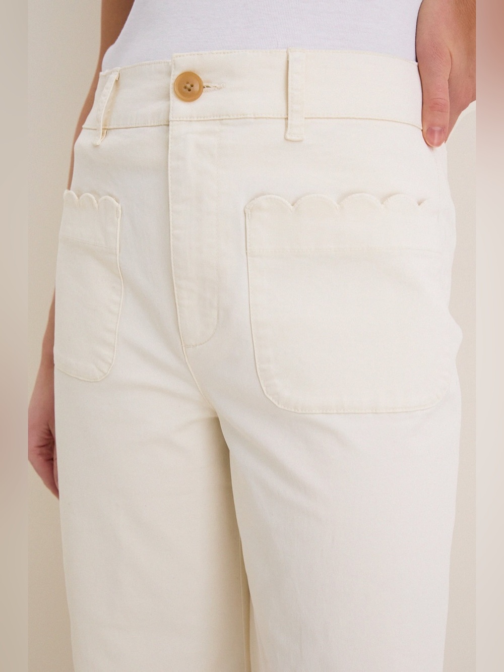 Tuckernuck NWOT White Chino Crop Wide Leg Cotton Scalloped Pocket Pants- Size 10 - Picture 8 of 9